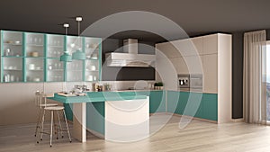 Classic minimal white and turquoise kitchen with parquet floor,