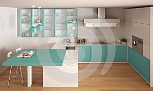 Classic minimal white and turquoise kitchen with parquet floor,