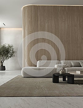 Classic minimalism white beige interior livingroom with furniture, marble floor and decor. Ceiling with modern warm