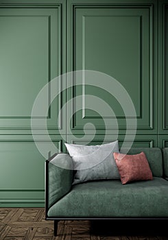 Classic modern living room interior with green sofa, wooden floor and classic green wall, 3d rendering