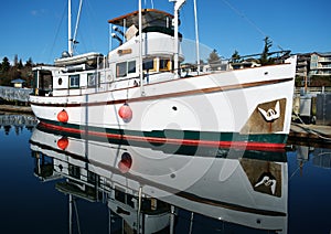 Classic motor yacht in marina