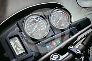 Classic motorbike control panel, close up picture, road trip concept