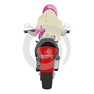 Classic motorcycle with blond girl rider back view isolated on white vector illustration