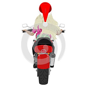 Classic motorcycle with girl rider in Santa hat back view isolated vector illustration