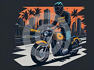 classic motorcycle rider sunset background t-shirt design vector illustration