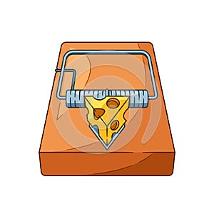 Classic Mouse Trap Features A Wooden Base, Spring-loaded Mechanism, And Tempting Cheese Bait Cartoon Vector Illustration