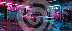 A classic muscle car bathed in pink neon light sits in an urban garage, surrounded by expressive graffiti walls and
