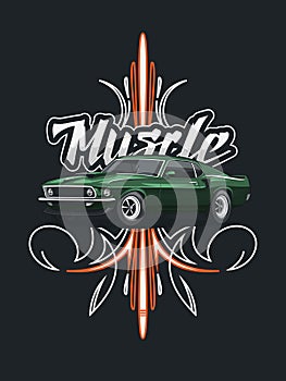 Classic muscle car poster with tribal ornament.