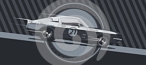 Classic muscle car in racing colors, black and white illustration.