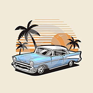 Classic Muscle Hot Rod Car on The Beach Vector Art Illustration. Best for Automotive Tshirt Design