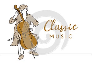 Classic music poster background with cello music player vintage minimalism style of continuous one line drawing vector
