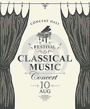 Classic music poster with grand piano and curtains