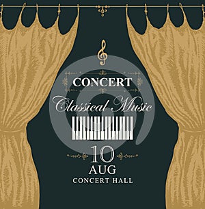 Classic music poster with piano keys and curtains