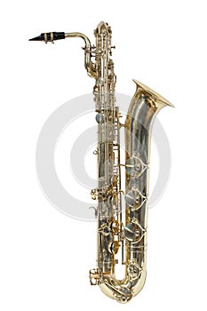 Classic musical instrument, the baritone saxophone isolated on white background photo
