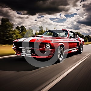 Classic Mustang Shelby Driving Down Road Under Cloudy Sky Created With Generative AI Technology