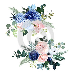 Classic navy blue, blush pink rose, hydrangea, ranunculus, dahlia, white anemone