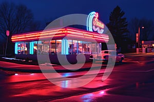 classic neon diner sign glowing in the dark