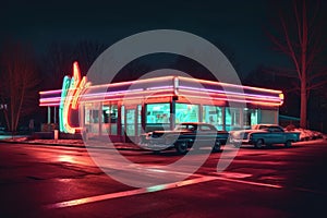 classic neon diner sign glowing in the dark