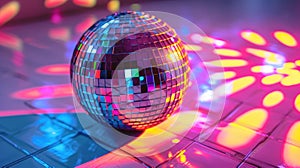 A classic Neon disco ball reflects colorful lights on a dance floor, ideal for party and event themes