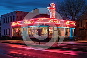 classic neon sign glowing on a vintage diner facade