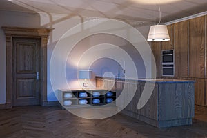 Classic new wooden kitchen interior design. 3d render.