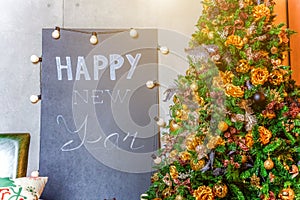 Classic New Year decorated interior room with Christmas tree