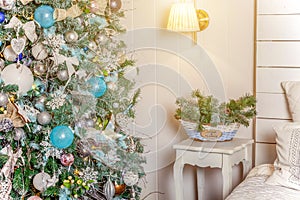 Classic New Year decorated interior room with Christmas tree