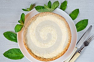 Classic New York cheesecake on the white plate decorated with fresh mint leaves on the gray kitchen background