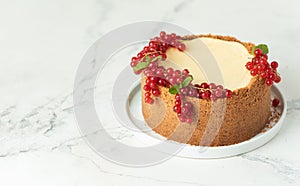 Classic New York cheesecake in the white plate decorated with red currant berries