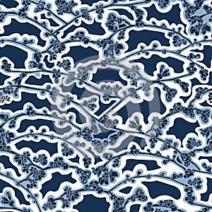 Classic night blue cherry blossom snow pattern.