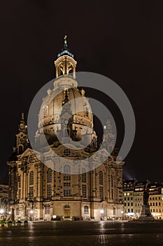 Classic nightshot of Dresden`s Frauenkirche, illuminated by spotlights.