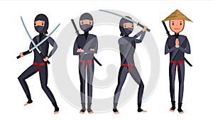 Classic Ninja Vector. Warrior Samurai In Mask. Isolated Cartoon Illustration