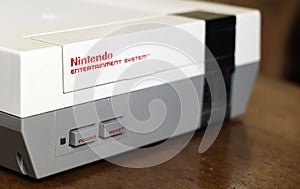 Classic Nintendo Entertainment System video games console. 8-bit technology. Video games in the 90s