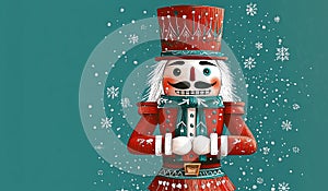 Classic Nutcracker Illustration in Red Outfit with Snowflakes in a Festive Setting photo