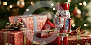 A Classic Nutcracker Soldier Standing Beside a Christmas Tree for Festive Holiday Decoration photo