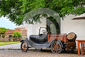 Classic old car parked in historic quarter of Colonia del Sacramento, Uruguay