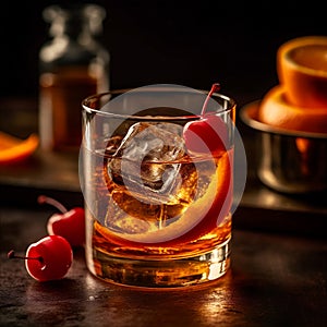 Classic Old Fashioned cocktail made with bourbon, sugar, bitters and twist of citrus zest. AI generated