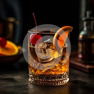 Classic Old Fashioned cocktail made with bourbon, sugar, bitters and twist of citrus zest. AI generated