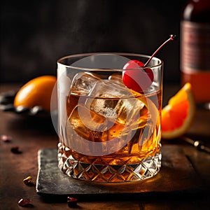 Classic Old Fashioned cocktail made with bourbon, sugar, bitters and twist of citrus zest. AI generated