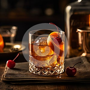 Classic Old Fashioned cocktail made with bourbon, sugar, bitters and twist of citrus zest. AI generated