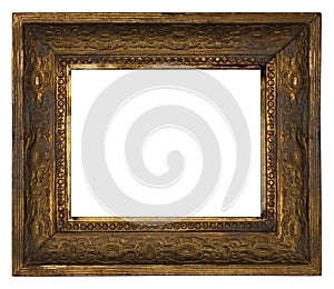 Classic old ornate wooden picture frame carved by hand on white background