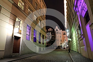 Classic old street at night in Brno, Czech Republic. Brno is one of the most populated metropolitan areas in Europe