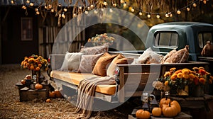 Classic old truck bed filled with fall themed decorations and pillows - generative AI