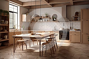 Classic old vintage interior kitchen room with minimal cozy tone style, decorate with counter table. chairs and warm tone
