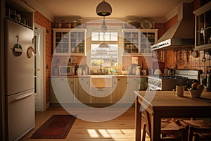 Classic old vintage interior kitchen room with minimal cozy tone style, decorate with counter table. chairs and warm tone