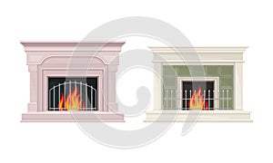 Classic open hearth fireplace with burning fire set vector illustration