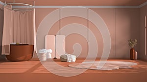 Classic orange background with copy space: empty vintage bathroom, round bathtub with shower curtain, stool, towels, mirror,