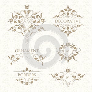 Classic ornament. Set of decorative borders and monograms.