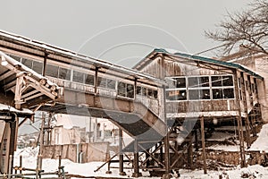 Classic Otaru old Train station with snowing