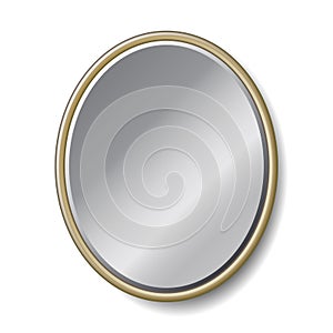 Classic oval mirror realistic with silver surface isolated on white background.
